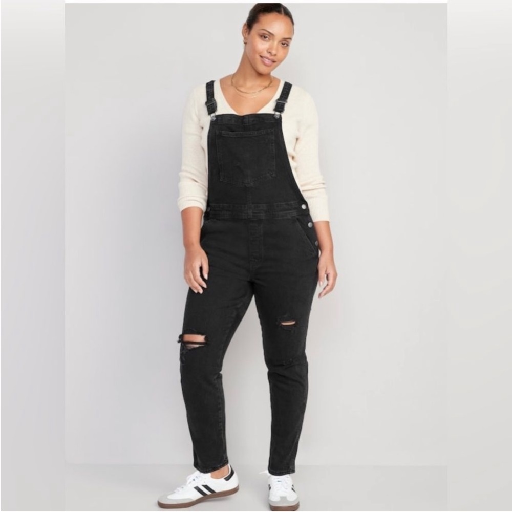 Straight Black-Wash Ripped Jean Overalls for Women Size 18 Petite Old Navy $65